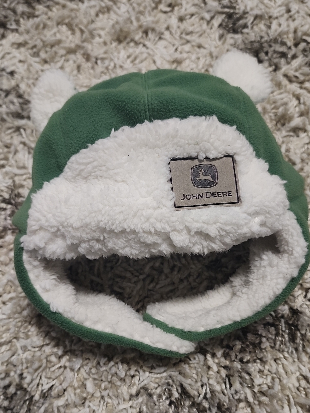 John Deere Green Kids Trapper Hat with White Sherpa Trim